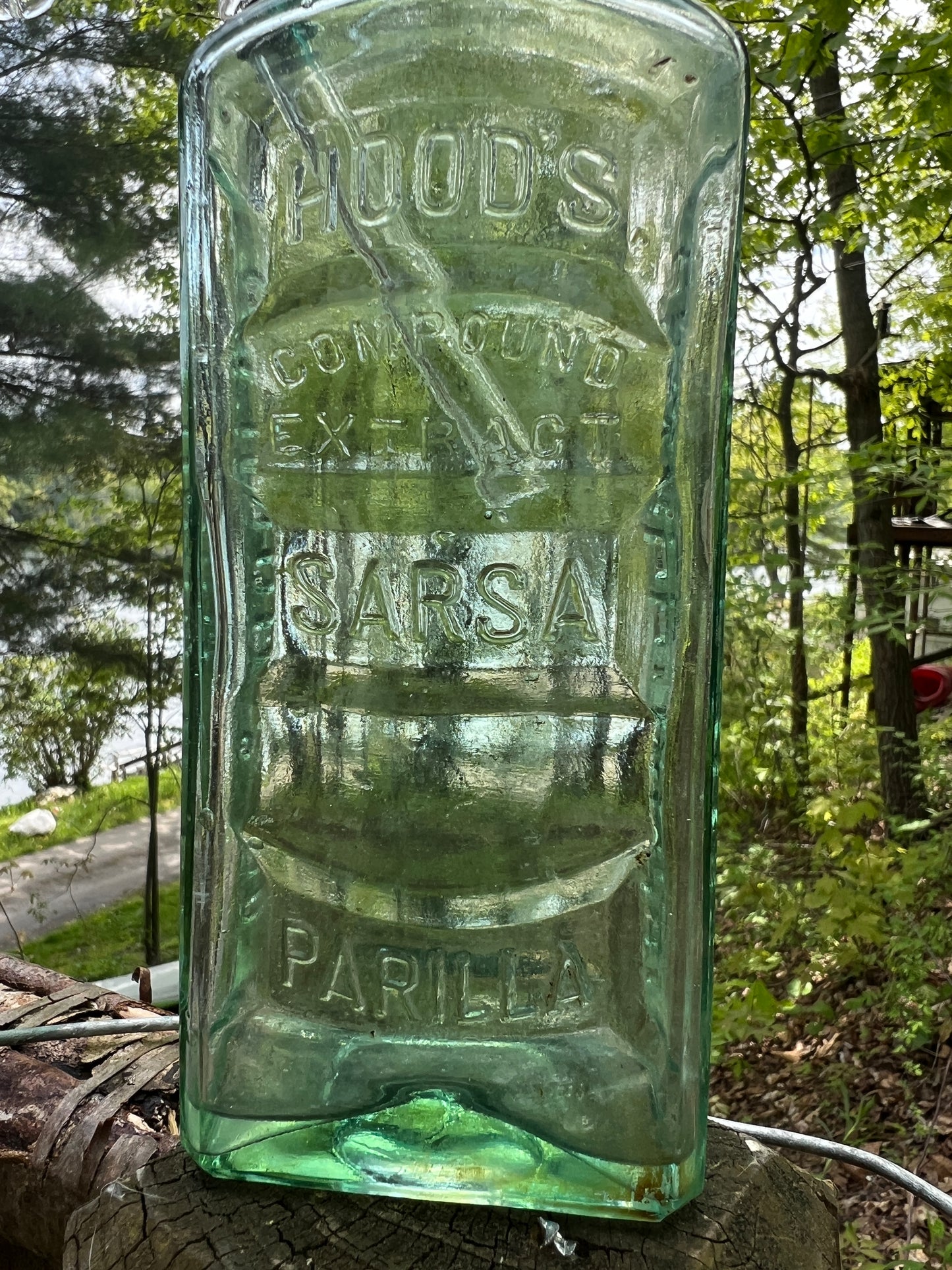 Hoods blue green Sarsaparilla bottle Bongo
