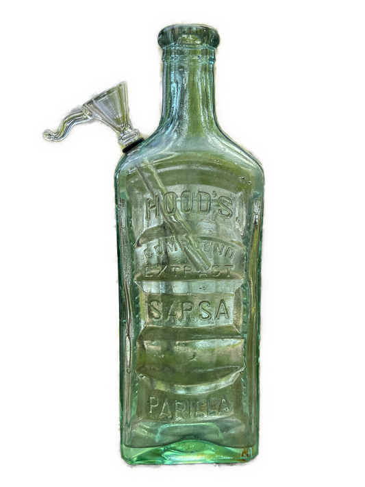 Hoods blue green Sarsaparilla bottle Bongo